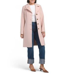 ANNE KLEIN Pink Wool Blend Quarter Notch Collar Reefer Jacket